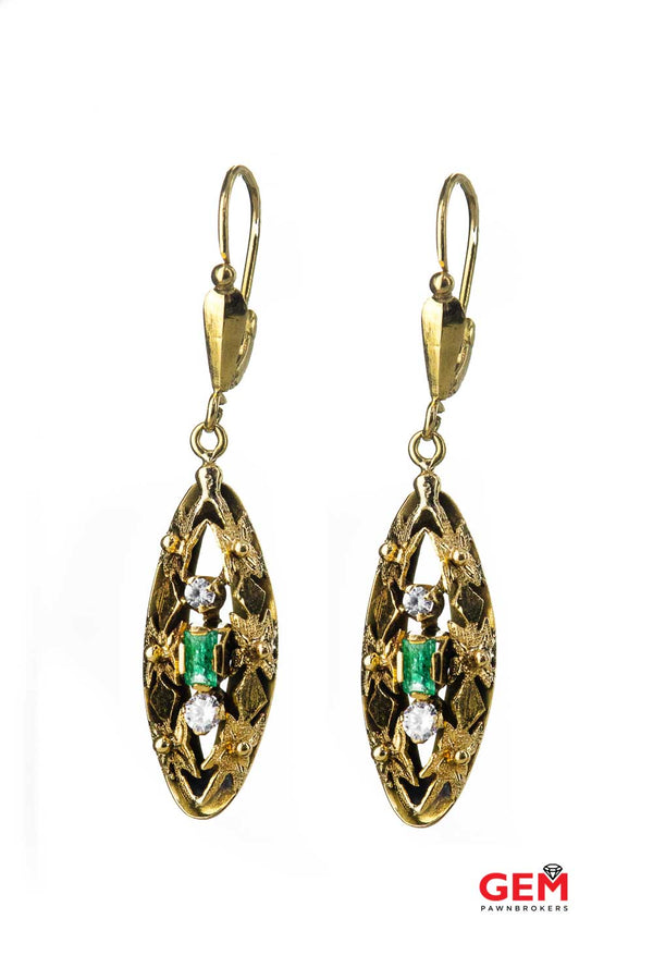 Natural Emerald & Cubic Zirconia Floral Drops 14K 585 Yellow Gold CZ Dangle Earrings