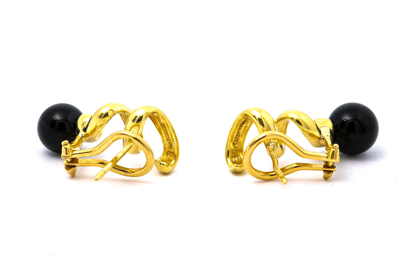 Corkscrew Twisted Swirling 18k 750 Yellow Gold Black Onyx Drop Ball Earrings