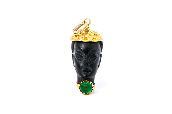 Corletto Emerald Blackamoor African Woman Head Charm 18K 750 Yellow Gold Pendant