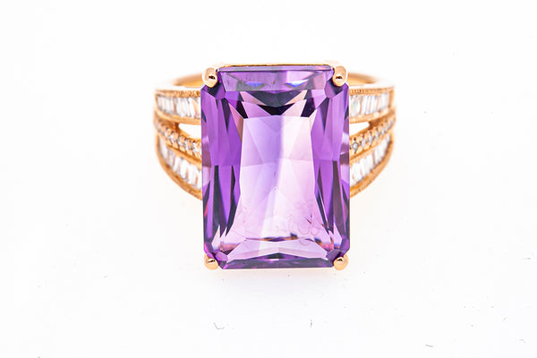 Effy Natural Amethyst & Baguette Diamond 14K 585 Rose Gold Ring Size 7