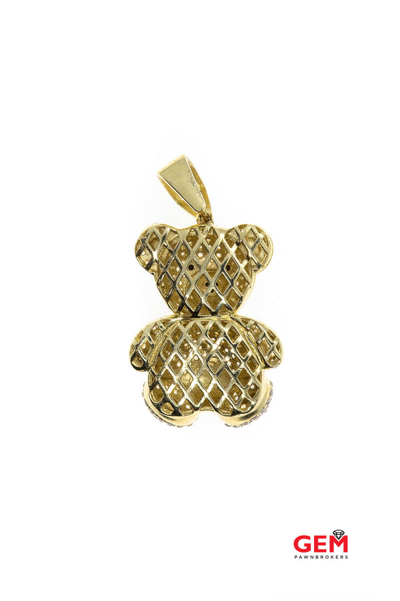 Teddy Bear Cubic Zirconia Pave Drop Charm 14K 585 Yellow Gold CZ Pendant