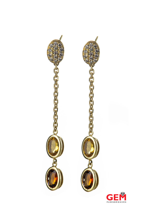 Diamond Pave & Citrine Gemstone Chain Link Drop Dangle 14K 585 Yellow Gold Earrings