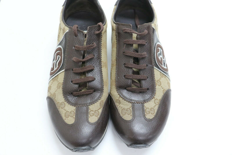 Gucci: Men's Brown Nylon/Leather GG Logo Sneakers Size 8.5G # 202744