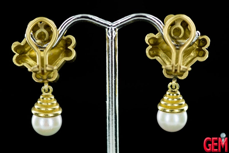 Heavy 7.5mm Pearl Drop Geometric Shield 18K 750 Yellow Gold Dangle Earrings
