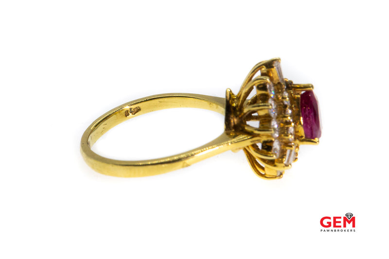 Ruby & Diamond Cluster 18K 750 Yellow Gold Ruby Diamond Ring Size 8