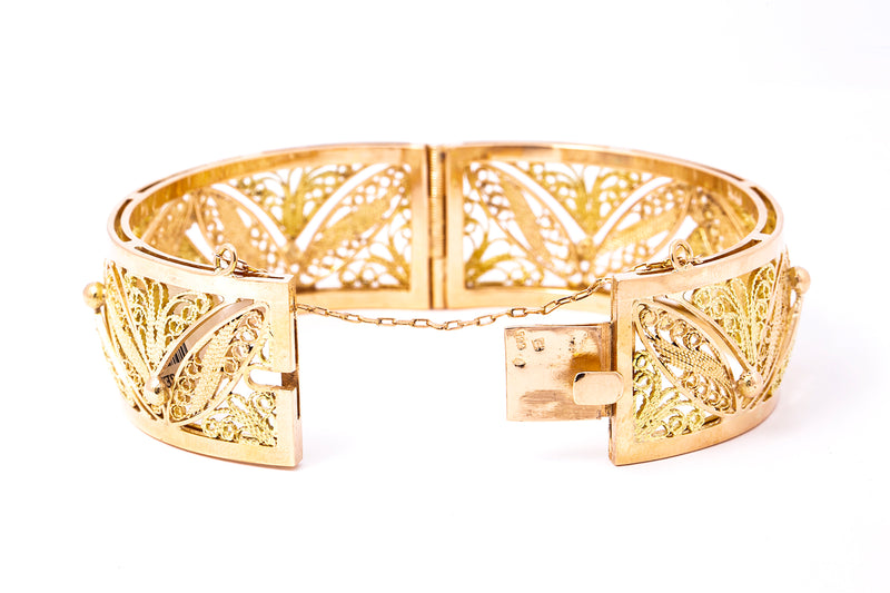 Vintage Ornate Pierced Rose & Yellow Gold Leaf Motif Cuff Bangle 14k 585 Bracelet