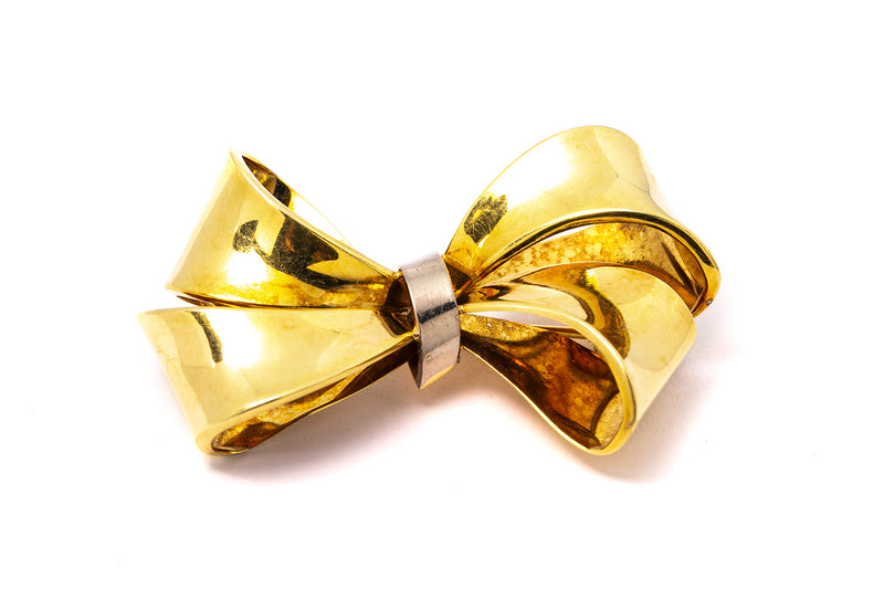 Vintage Art Deo Bi-Color Bow Ribbon Lapel Pin Brooch 14k 585 White Yellow Gold