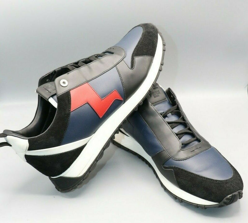 FENDI Leather Lightning Bolt Applique Blue/Black/White/Red Sneakers Size 10/43.5