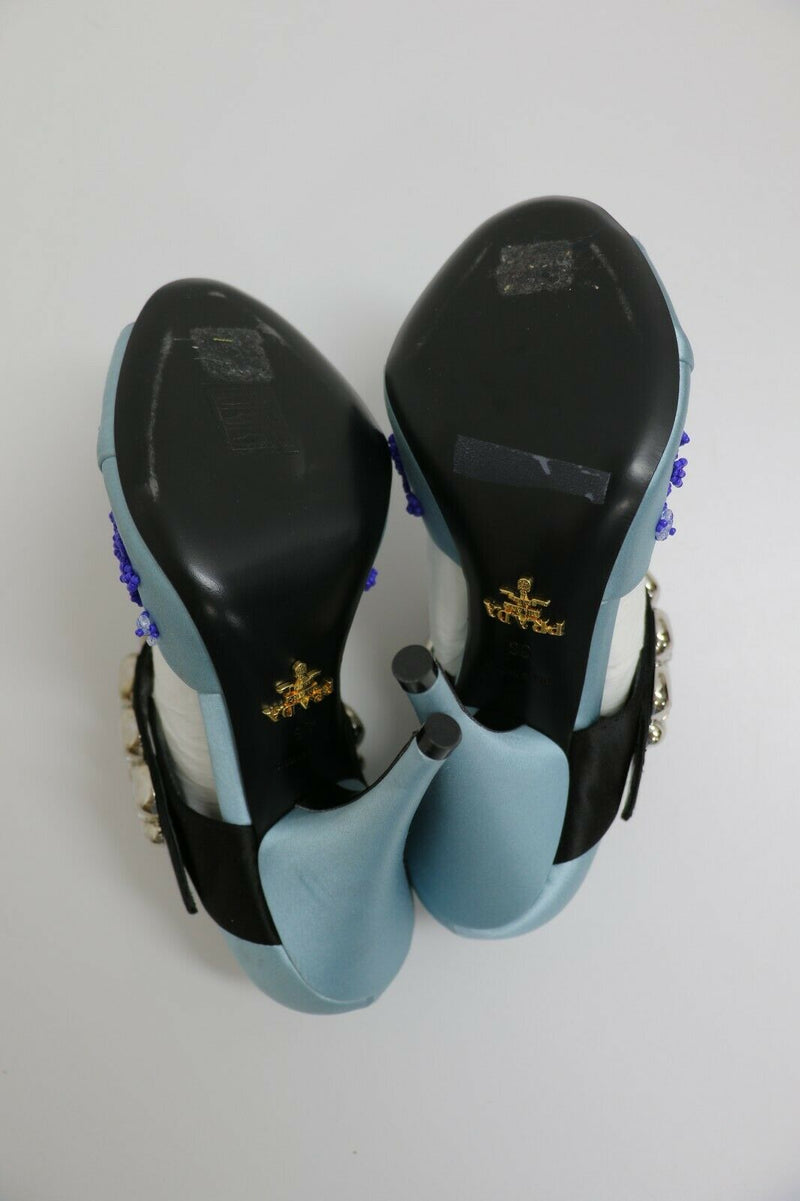 Prada Blue Heels | Satin Embroidery | Size US 5.5, EUR 36