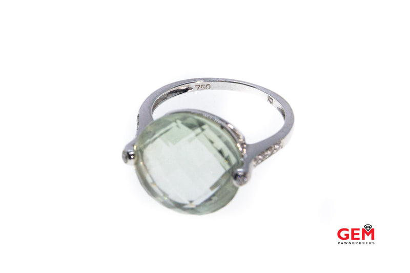 Large Faceted Solitaire Green Quartz & Diamond 18K 750 White Gold Ring Size 6 1/2
