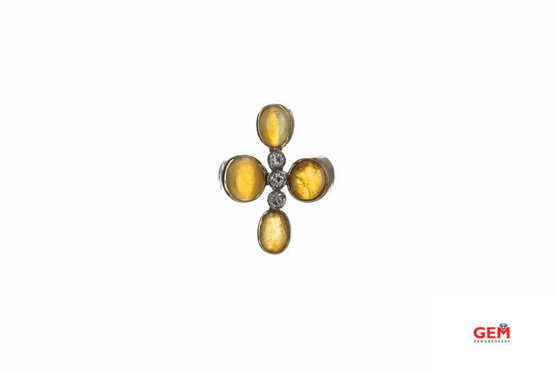 Cabochon Opal & Diamond Charm 14K 585 Yellow Gold Cross Pendant
