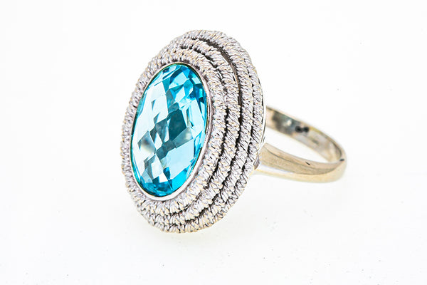Solitaire Aquamarine Rope Accent 14K 585 White Gold Ring Size 8 1/4
