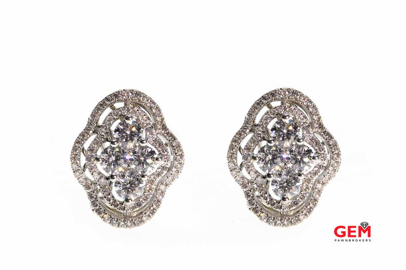 Diamond Cluster Double Halo 14K 585 White Gold Pair Earrings