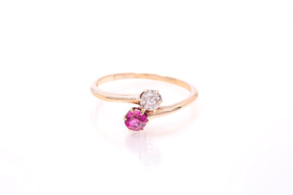 Antique Diamond & Pink Sapphire Bypass Moi Et Toi 14k 585 Yellow Gold Ring Size 5.5
