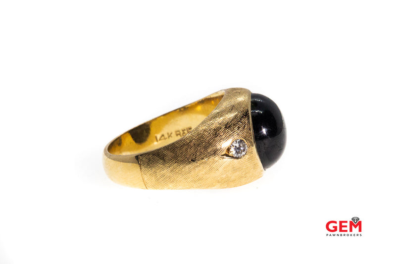 R & F Brush Finish Three Stone Natural Black Star Sapphire & Round Diamond 14K 585 Yellow Gold Ring Size 7 1/2