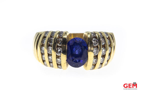 Natural Oval Sapphire Diamond Channel Set Row Accent Cluster Tapered Band 14K 585 Yellow Gold Cocktail Ring Size 7 3/4