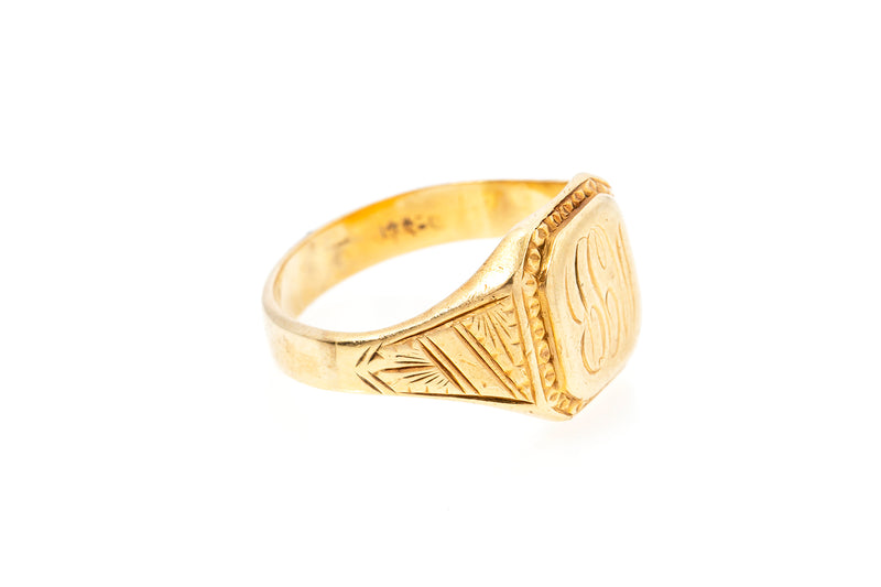 Antique Inscribed 14k 585 Yellow Gold Hand Carved Design Signet Ring