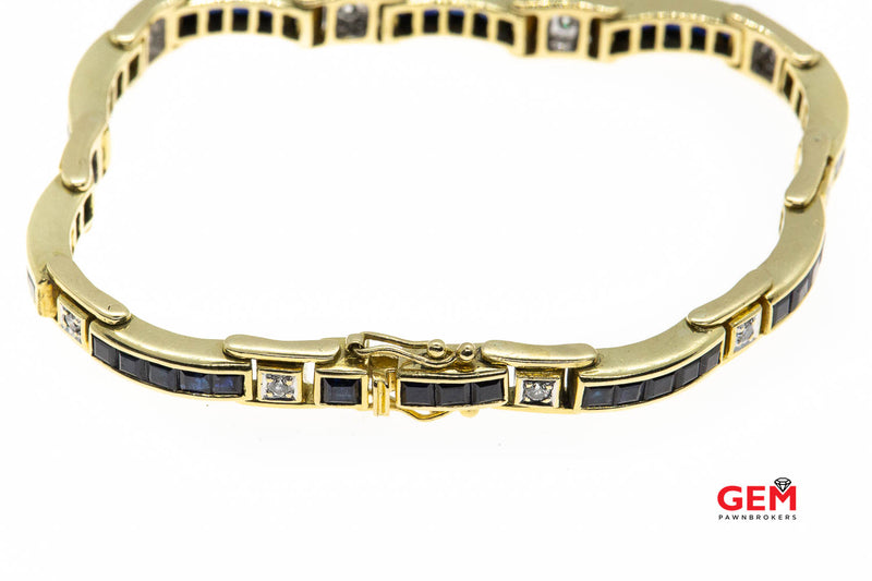 Natural Sapphire & Diamond Bar Link Station 18K 750 Yellow Gold Bracelet