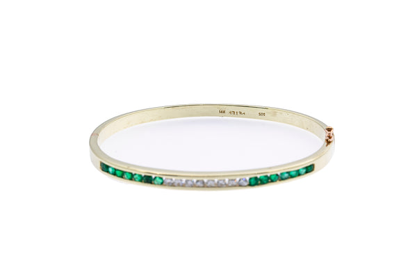 Peter Diamond & Emerald Line Bangle Cuff 14K 585 Yellow Gold Bracelet