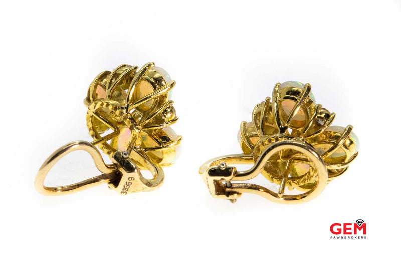 Fine Solid 14k 585 Yellow Gold Opal Cabochon Diamond Flower Earrings