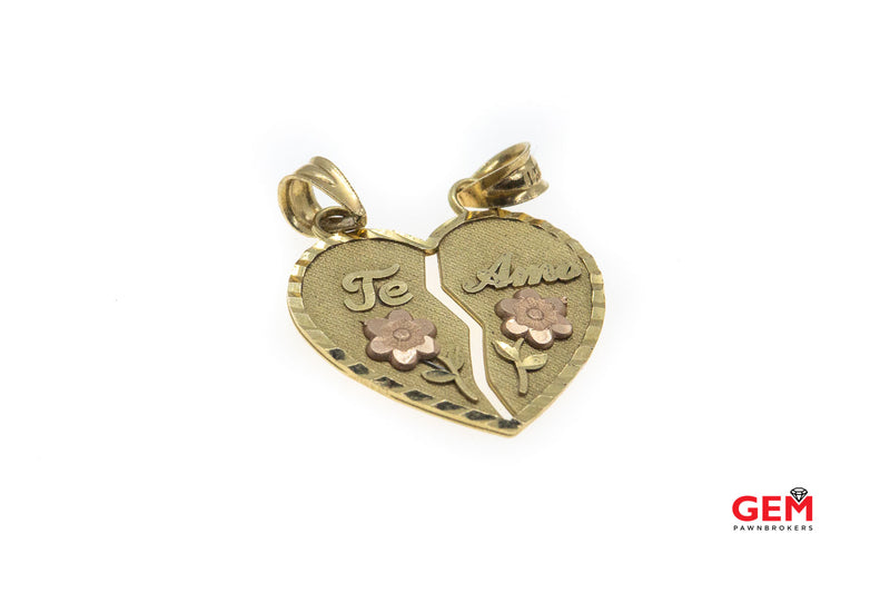 Te Amo Saying Love Heart 2 Piece 14k 585 Yellow Split Gold Charm Pendants