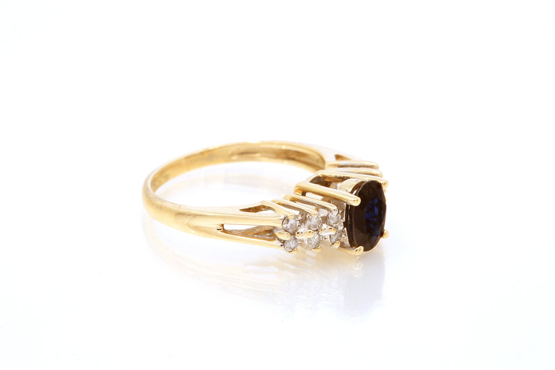 Oval Sapphire & Diamond Accent Cluster Cocktail 14k 585 Yellow Gold Ring