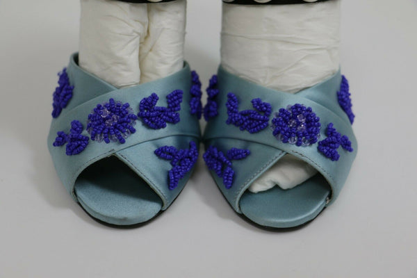 Prada Blue Heels | Satin Embroidery | Size US 5.5, EUR 36