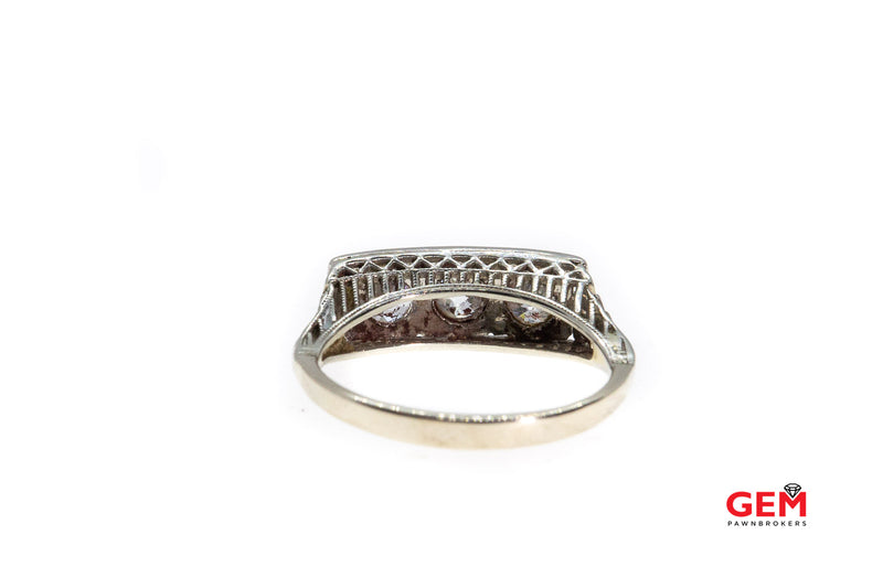 Antique Three Stone Diamond 14k 585 White Gold Filigree Ring Band Size 7