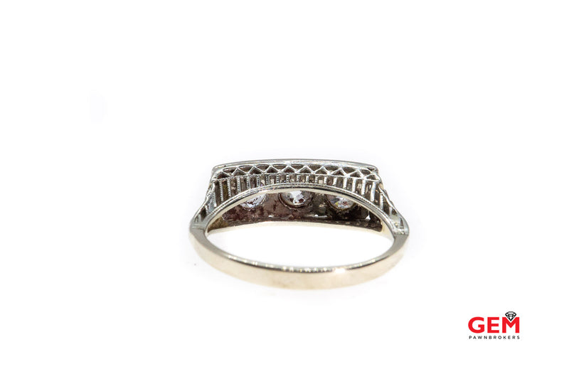 Antique Three Stone Diamond 14k 585 White Gold Filigree Ring Band Size 7