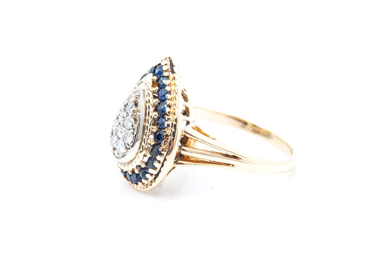 Vintage Cocktail Cluster Diamond & Sapphire 14k 585 Yellow Gold Ring