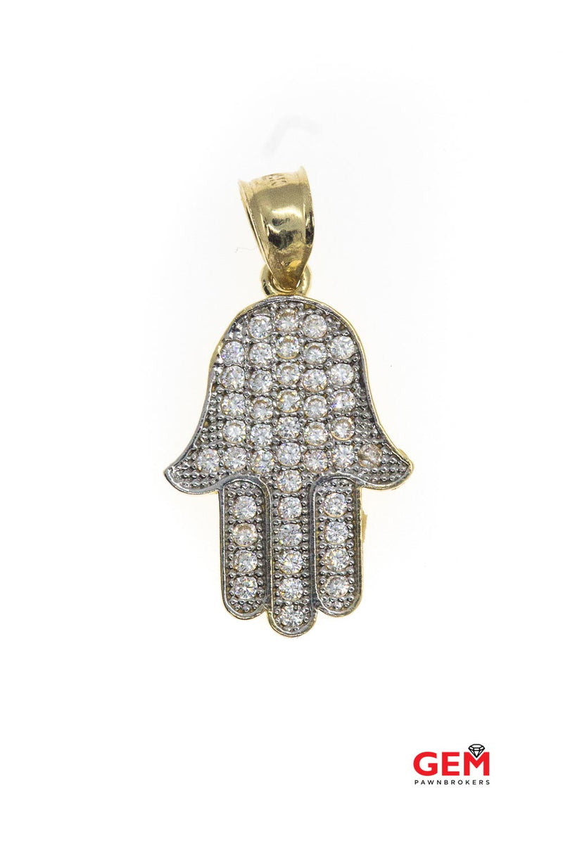 Cubic Zirconia Hamsa Pave 14k Religious 585 Yellow Gold Charm Pendant