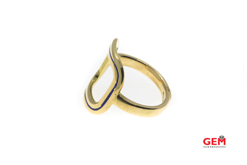Retro Open Ring No Stone 18k 750 Yellow Gold Blue Enamel Ring Size 6