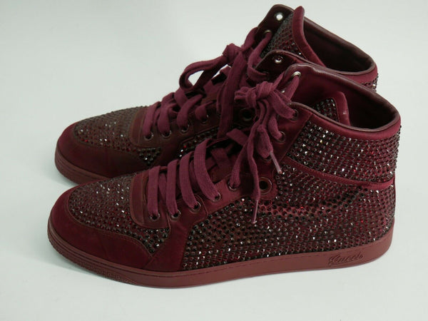 Gucci Unisex Burgundy Satin Effect Crystal Stud High Top Sneakers US Size 8.5