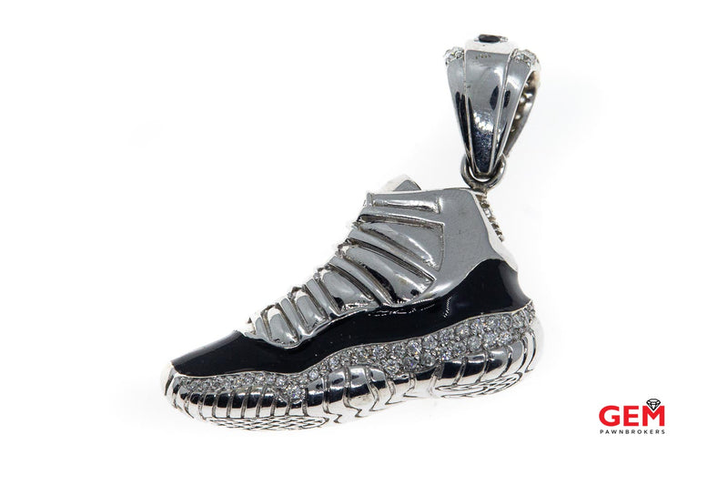 Red & Black Enamel Diamond Pave Jays Retro Shoe Drop Charm 14K 585 White Gold Sneaker Pendant