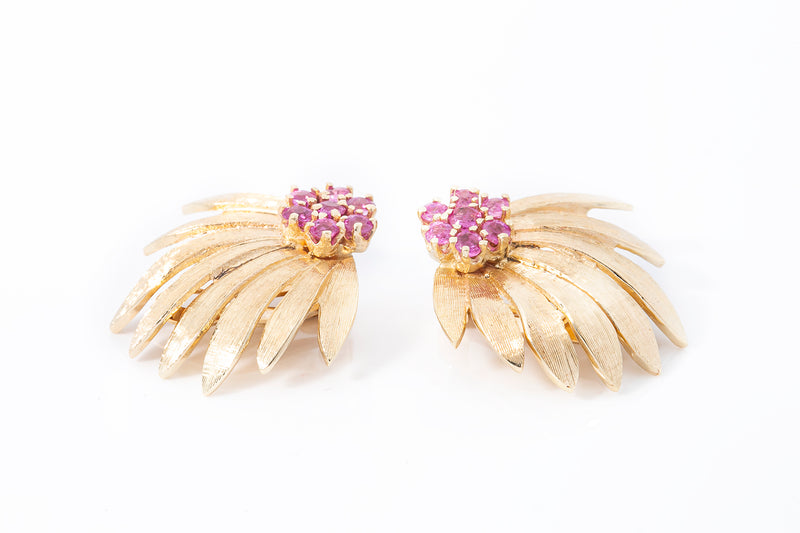 Pink Sapphire Art Deco Flower Motif 14k 585 Yellow Gold Clip On Earrings
