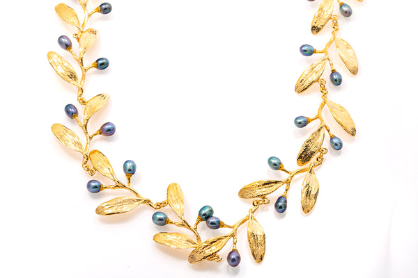 Metropolitan Museum of Art MMA 14k 585 Yellow Gold Tahitian Pearl Necklace Leaf Motif