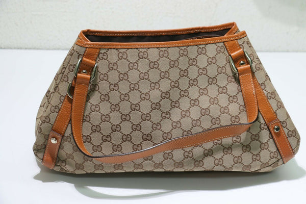 Gucci: Brown Tan GG Canvas Saddle Brown Leather Abbey Beige Hobo Bag