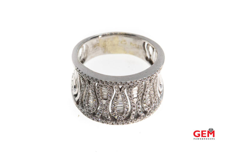 Baguette & Round Diamond Cluster Concave Zig Zag Cocktail 14K 585 White Gold Ring Size 8 1/2