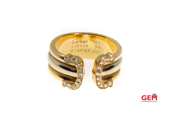 Cartier Double C Diamond Tri-Color 18k 750 Gold Ring Band EU 54 Size 6.75