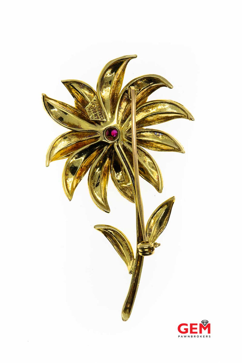 Retro Vintage Tiffany & Co Flower Ruby 18k 750 Yellow Gold Lapel Pin Brooch