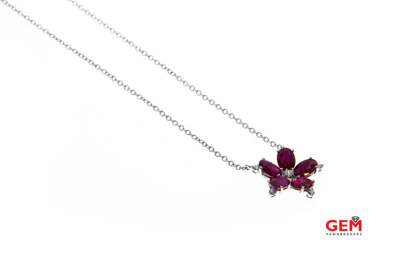 Oval Ruby Diamond Flower Petal Charm Pendant Necklace 18k 750 18" White Gold