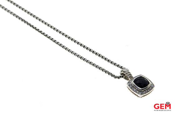 Davids Yurman Petite Albion Onyx Diamond Charm 2mm Rolo Box Link Chain 925 Sterling Silver 17" Necklace & Pendant