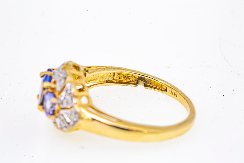 Vintage STS Victorian Natural Three 3 Stone Tanzanite & Diamond Cluster 14K 585 Gold Cocktail Ring Size 7