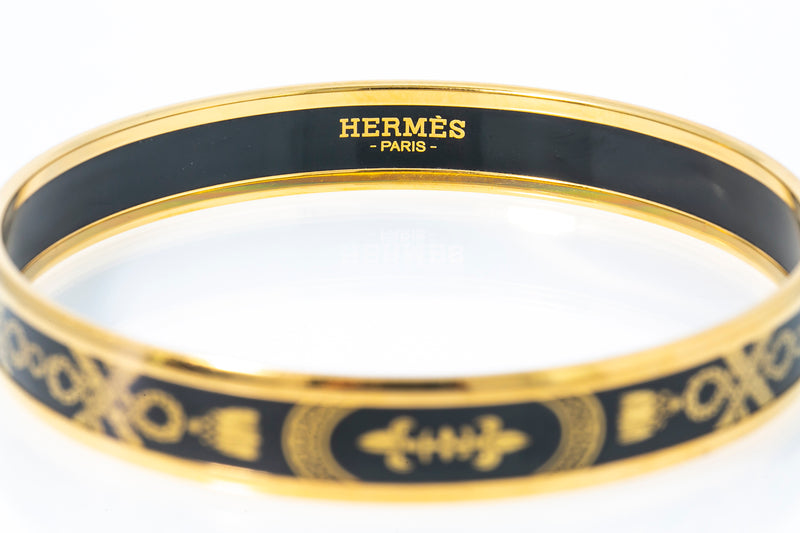 Hermes Fleur de Lis Enamel Bangle Bracelet Black & Gold Tone LEmail Imprime 10.5mm