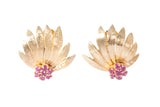 Pink Sapphire Art Deco Flower Motif 14k 585 Yellow Gold Clip On Earrings