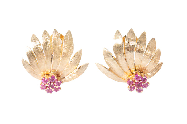 Pink Sapphire Art Deco Flower Motif 14k 585 Yellow Gold Clip On Earrings