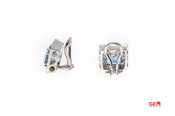 Natural Blue Topaz & Diamond Square Halo 14K 585 White Gold Pair Clip Earrings