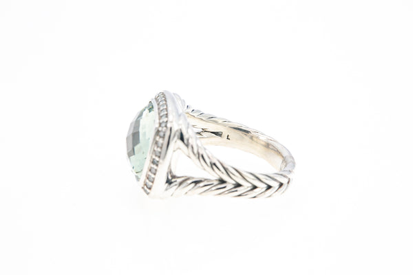 David Yurman 11mm Albion Sterling Silver 925 Prasiolite & Diamond Ring Size 6