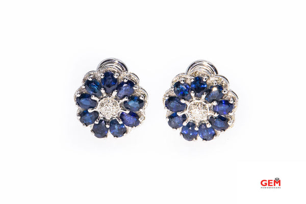 Samuel Benham Diamond Flower Natural Sapphire Stud 14k 585 White Gold Earrings