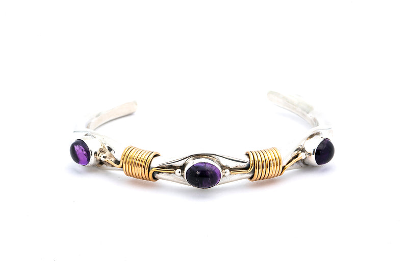 Russell Sam Natural Amethyst Station 925 Sterling Silver & Gold Filled Cuff Bracelet